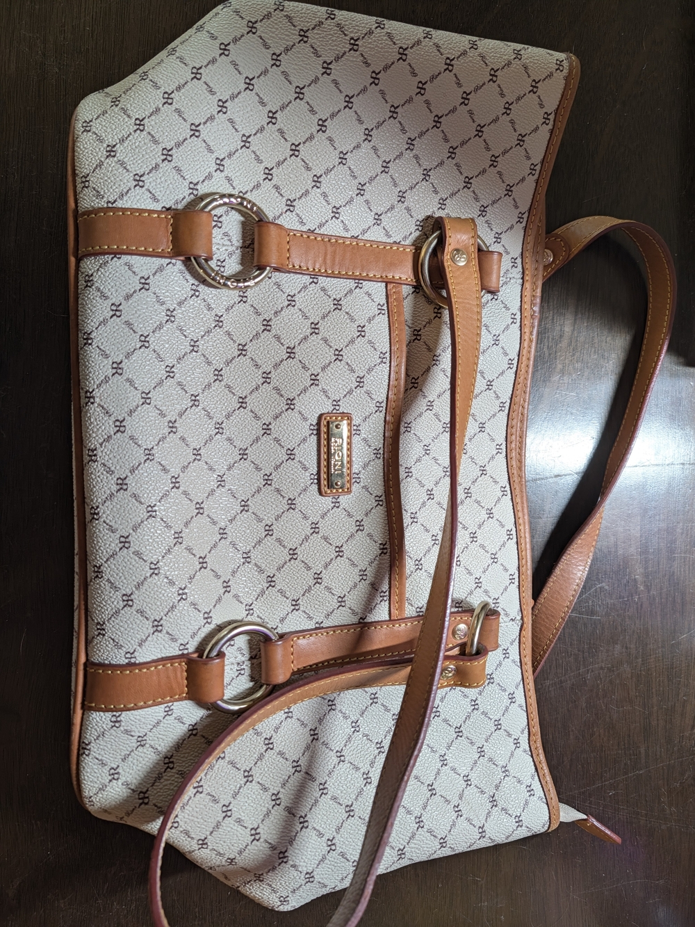 Rioni Signature Natural Ivory Monogram Canvas Shoulder Tote Bag